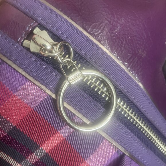 COACH Poppy Plaid Glam Tote Purple red Patent leather trim Bag - Picture 9 of 14